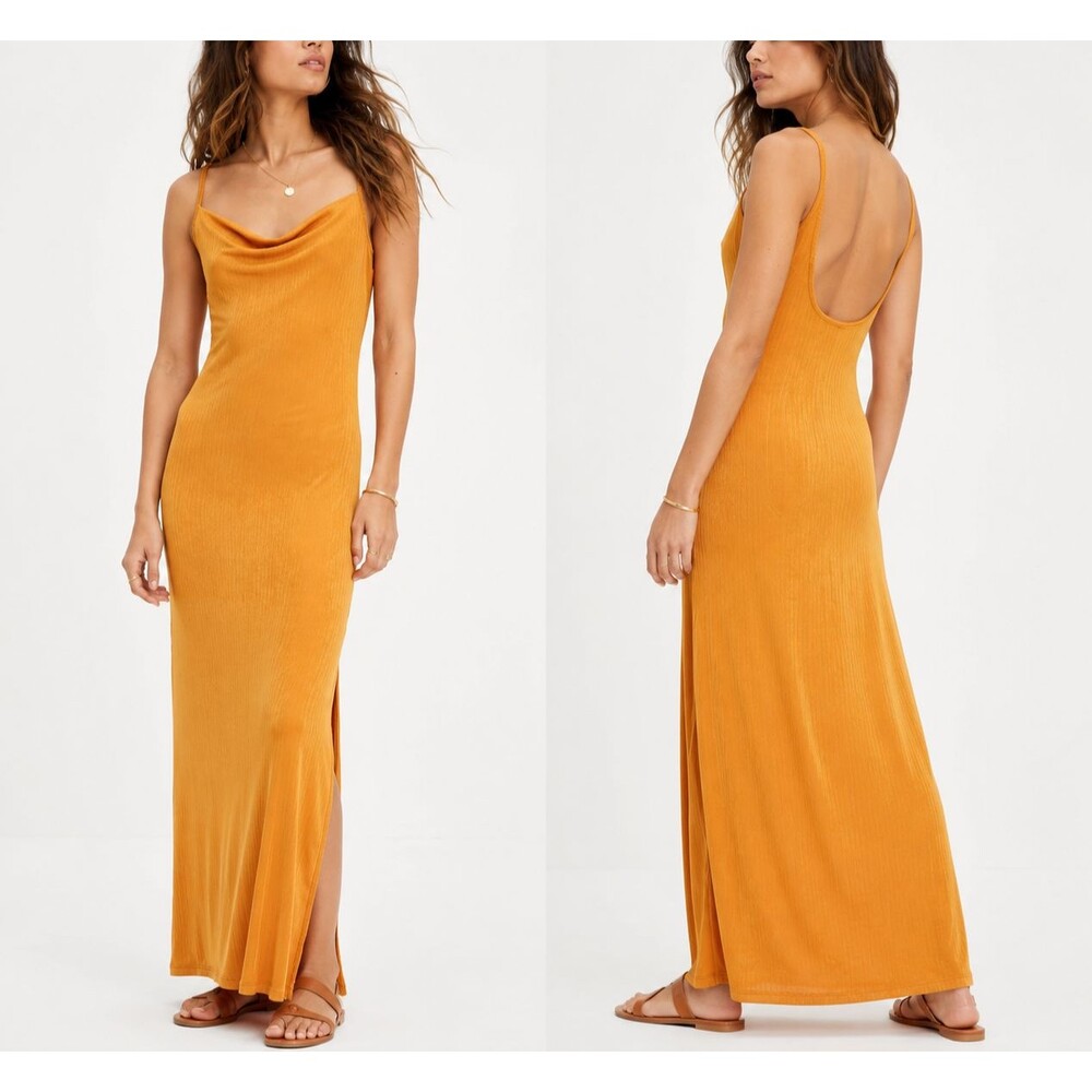 Free People Bare It All Maxi Slip Dress Orange Cowl Neck Ribbed Scoop Back S